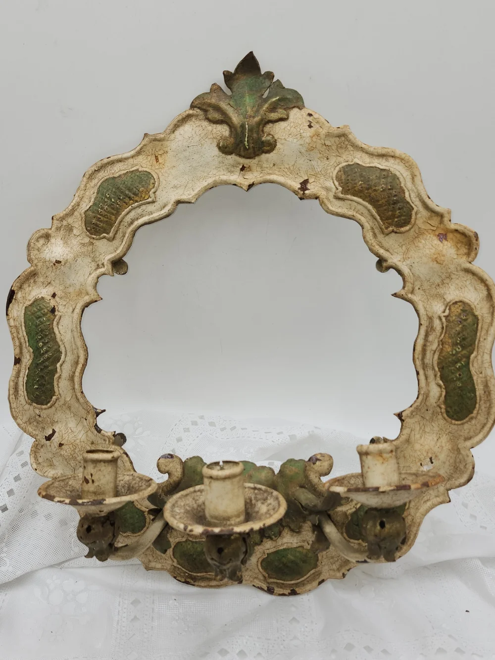 Vintage Antique Cream Metal Wall Sconce Wreath  Taper Candle Distressed 18